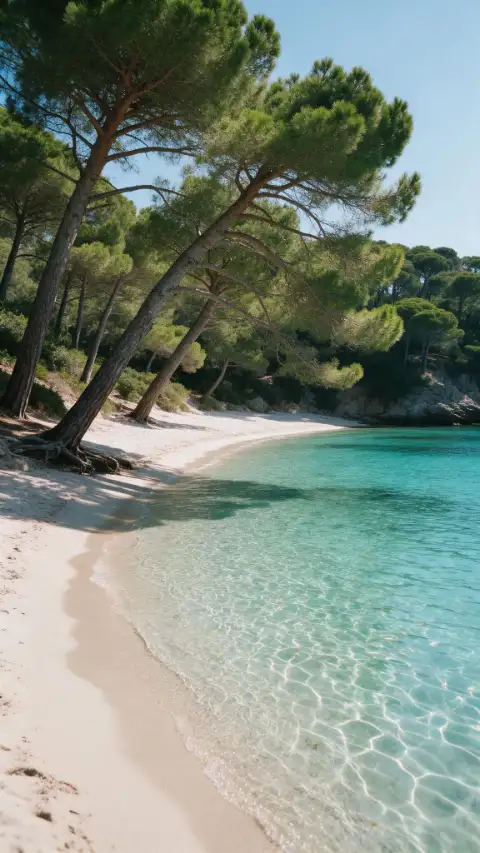 Crique méditerranéenne déserte, pins parasols au-dessus d'une eau turquoise.