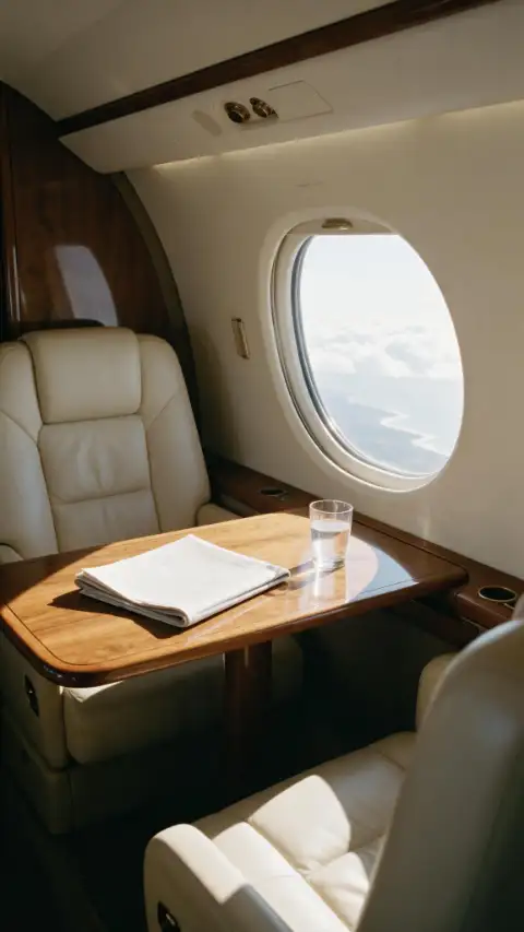 Cabine d'un jet privé, sièges de cuir crème et hublot ouvert sur les nuages.