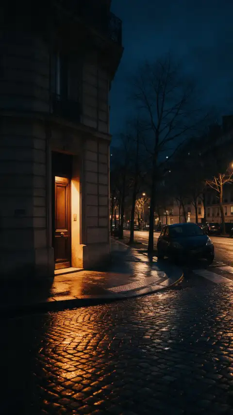 Rue parisienne après la pluie, pavés luisants et lumière ambrée d'une porte discrète.