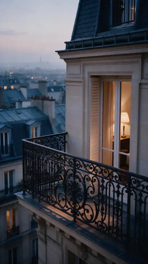 Balcon parisien en fer forgé à l'heure bleue, toits de zinc au loin.