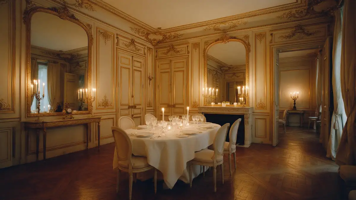 A candlelit table in a Parisian salon with gilded mouldings.