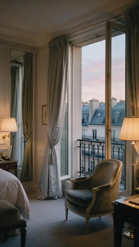 Suite d'un palace parisien au crépuscule, fenêtres ouvertes sur les toits de zinc.