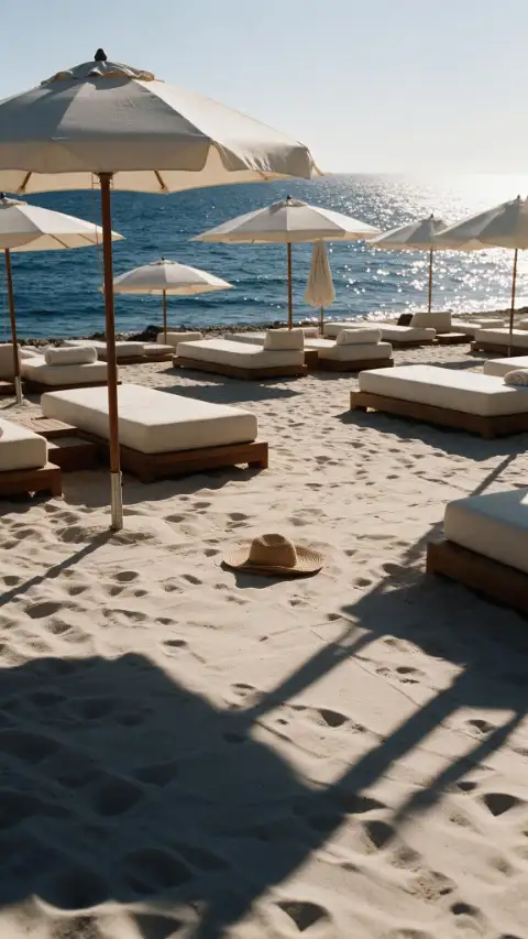 Parasols de toile crème et transats de bois sur le sable, la mer au fond.