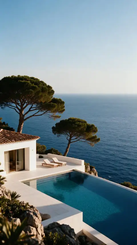 Villa sur la falaise, piscine à débordement face à la Méditerranée.