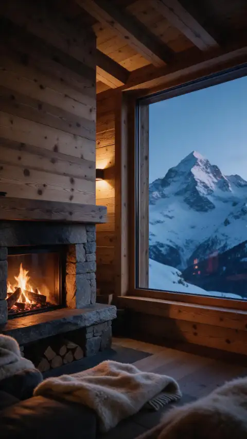 An alpine chalet living room, a log fire and snowy peaks through the window.
