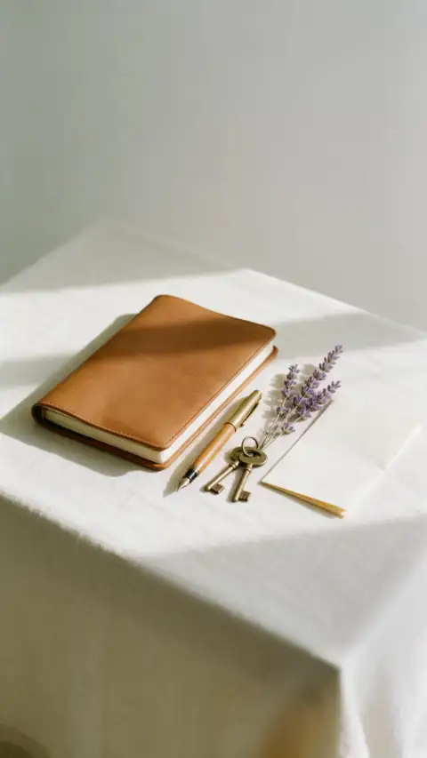 Carnet de voyage en cuir, stylo plume et clés anciennes sur une nappe de lin.