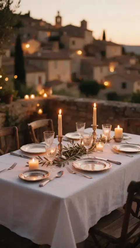 Table dressée aux chandelles sur une terrasse, au crépuscule.